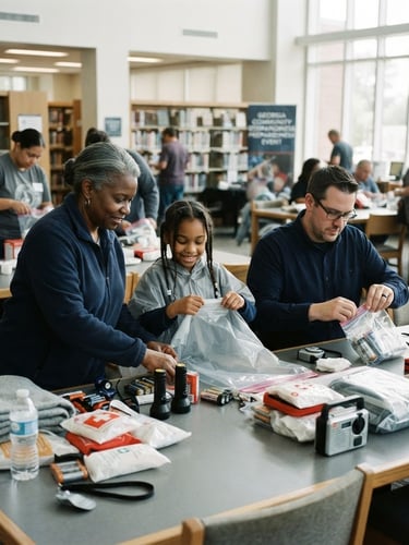 Candid 35mm documentary photo of Georgia community members assembling emergency readiness kits inside a brightly lit public library, natural daylight.