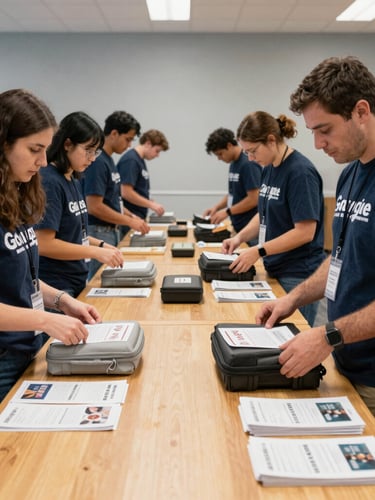 Candid documentary style photo of Georgia community volunteers in a brightly lit local library, organizing emergency preparedness kits and safety brochures on long wooden tables.