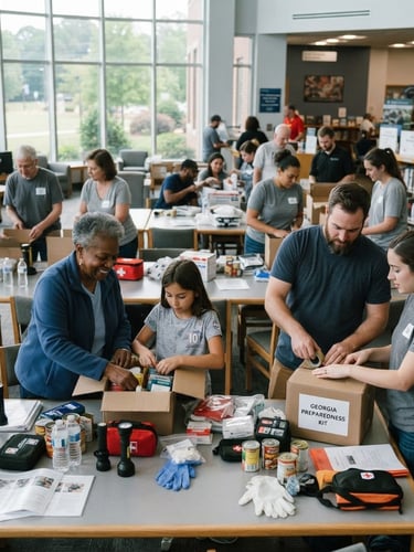 Wide-angle documentary shot of Georgia community members in a brightly lit library assembling emergency readiness kits, natural daylight, focused and collaborative mood.