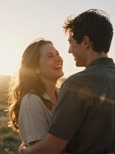 Candid medium shot of a laughing couple embracing under warm golden-hour sun, soft backlighting with natural lens flare, 35mm film look