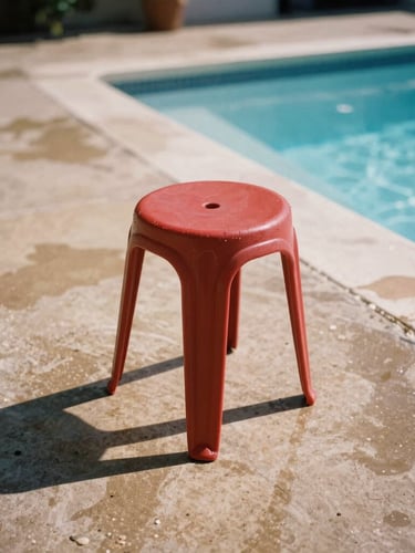 Medium format film photo of a crimson resin stool sitting on wet concrete next to a saltwater pool, harsh midday sun casting sharp geometric shadows