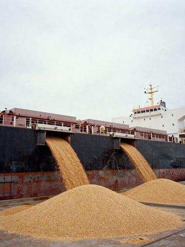 Wide environmental shot of industrial grain loading pipes feeding the open cargo hold of a bulk carrier ship, overcast daylight, desaturated earth tones, 35mm.