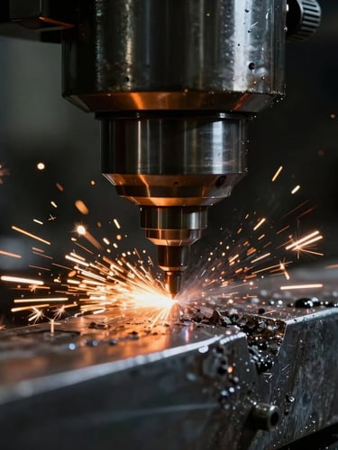 Dramatic close-up of a high-precision CNC milling head cutting raw steel with intense coolant spray and bright orange sparks, dark atmospheric background, low-key lighting.