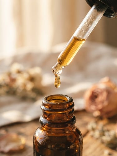 Close-up of botanical oil slowly dripping from a glass dropper, warm golden-hour window light, muted cream and blush tones, shallow depth of field, 35mm