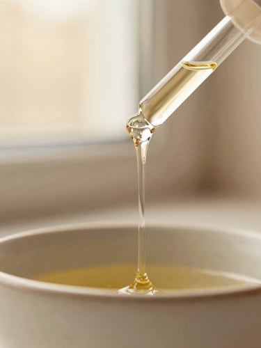Macro detail of botanical oil dripping from a glass dropper into a ceramic bowl, soft warm golden-hour window light, muted cream and blush tones, shallow depth of field, 35mm