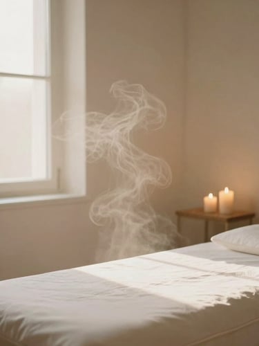 Soft steam rising in a dimly lit treatment room, gentle candlelit glow, warm-toned minimalist editorial style, 35mm