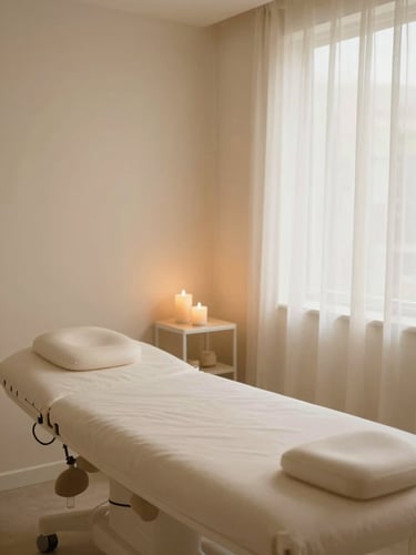 Wide environmental shot of a serene, empty treatment room at Glow Haven, soft candlelit glow, warm cream tones, 35mm