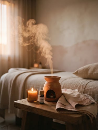 Warm editorial photography of soft steam rising in a dimly lit treatment room, gentle candlelit glow, muted cream and blush tones, shallow depth of field, 35mm