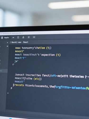 Macro shot of a high-resolution code editor displaying clean, structured React syntax under crisp, cool daylight studio lighting.