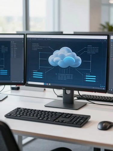 A bright, clean modern software engineering workspace with multiple monitors displaying architectural cloud diagrams, cool blue tones, natural daylight.