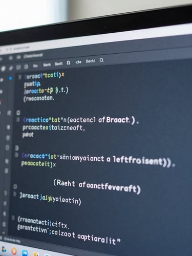 Macro shot of a high-resolution code editor displaying clean, structured React syntax, cool blue and slate gray tones, sharp focus, 35mm