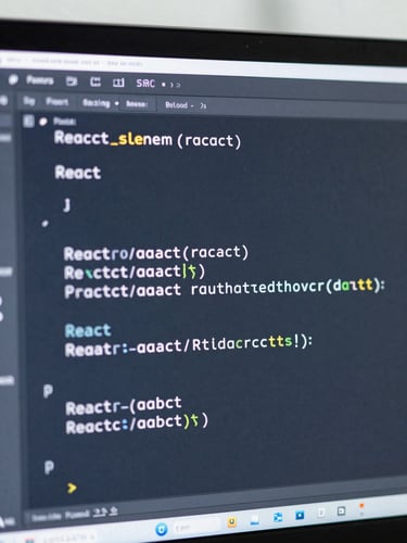 Macro shot of a high-resolution code editor displaying clean, structured React syntax under crisp, cool office daylight, 35mm