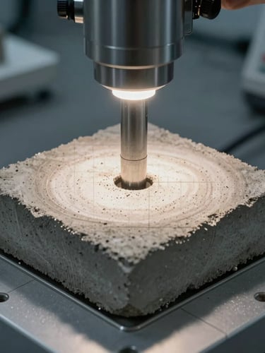 Macro extreme close-up of a concrete core sample being tested for carbonatation in a laboratory, technical grid overlay, sharp overhead lighting.