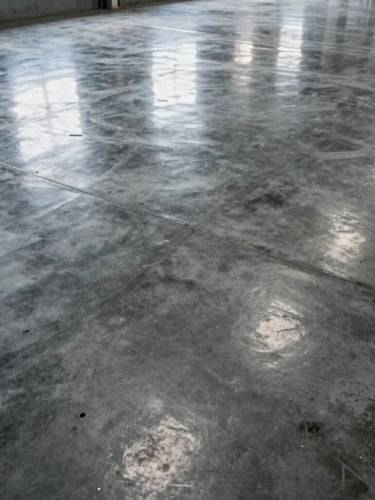 High-contrast overhead shot of a flawless polished concrete floor reflecting industrial warehouse lights, sharp joints.