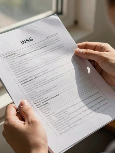 Close detail of hands holding a thick INSS administrative document, fingers resting on dense printed text, warm morning light from a side window, paper texture visible, ink annotations in the margin
