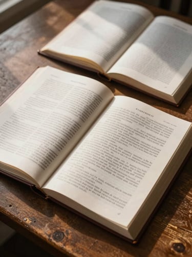 Close overhead view of open law books and folded legal documents on a worn wooden desk, morning north-facing light casting soft shadows across the pages, ink annotations visible on the margins