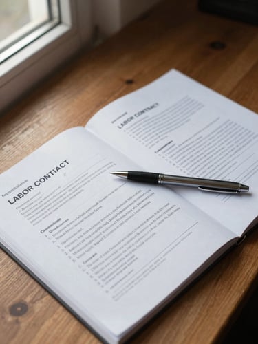 Overhead study of an open labor contract on a wooden desk, a pen resting across the signature line, soft natural daylight from a window to the left, paper grain and printed clauses clearly visible