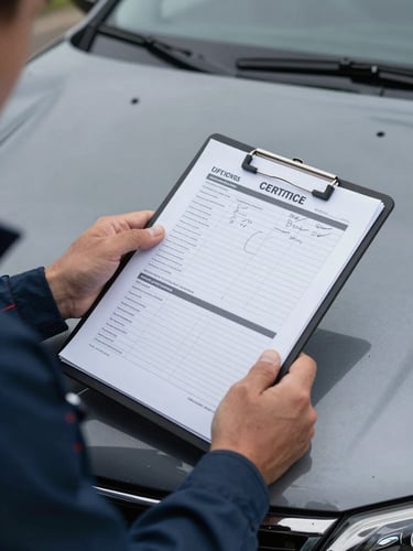 Tight medium shot of a mechanic's hands reviewing a multi-page vehicle inspection report on a clipboard resting on a car hood, overcast daylight, paperwork clearly visible with handwritten notes in the margins
