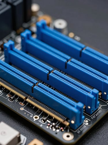 Macro close-up of a server motherboard, clean electric blue lighting, sharp focus on RAM slots, dark metallic background.