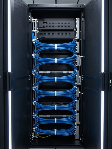 Symmetrical low-key shot of a modern enterprise server rack with clean blue cable management and sharp white rim lighting.