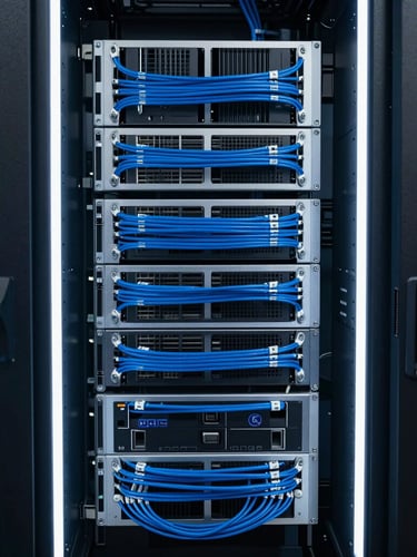 Symmetrical portrait of a clean enterprise server rack with blue cabling, surgical white rim light, cool-toned tech-noir style.