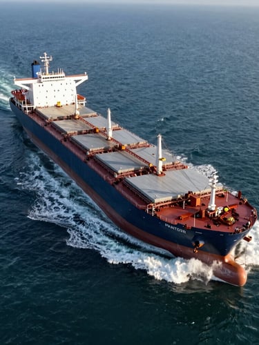 Aerial drone shot of a massive Panamax bulk carrier cutting through deep blue ocean water, white wake trailing behind, dramatic morning light