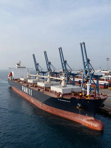 Extreme wide-angle aerial shot of a massive Panamax bulk carrier docked at a deepwater industrial terminal, high-contrast overcast morning light, deep blue water, towering loading cranes.