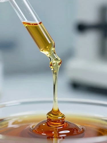 Macro close-up of amber-colored viscous palm oil dripping from a glass pipette in a highly controlled, sterile laboratory environment, cold lighting
