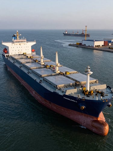 Wide aerial view of a massive Panamax bulk carrier vessel docked at a high-volume deepwater industrial berth during a cold maritime dawn, high-contrast lighting, dramatic scale.
