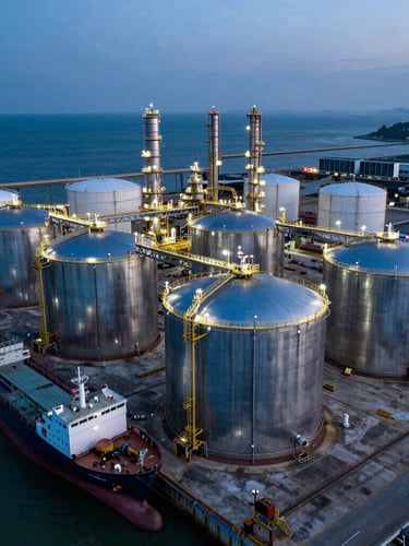 Aerial view of a massive deepwater chemical terminal at dusk, towering stainless steel storage tanks reflecting cold blue light, cargo vessel docked.