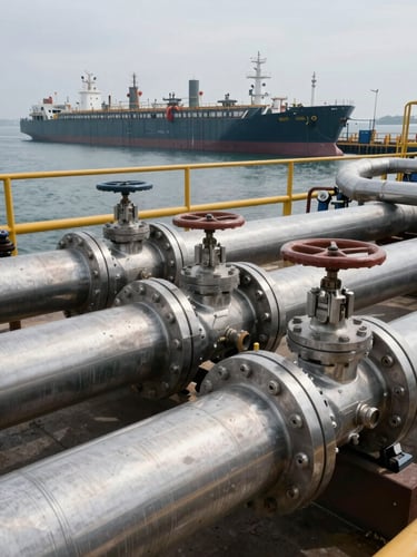 A high-angle close-up of heavy industrial stainless steel pipes and valves on a modern liquid bulk terminal docks, overcast daylight, cold maritime atmosphere
