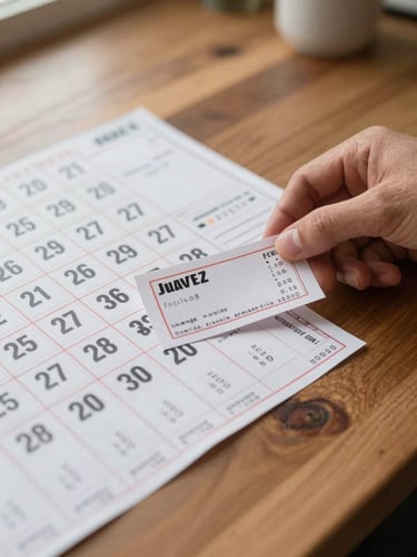 Close overhead view of numbered raffle ticket stubs spread on a wooden table under bright natural daylight, a hand placing one ticket face-up, Juárez home interior visible softly in background