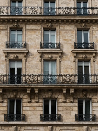 Symmetrical architectural elevation of a historic Parisian stone facade, detail of hand-carved limestone and dark wrought-iron balconies, soft overcast daylight emphasizing texture.