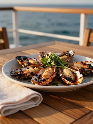 Close-up of fresh grilled seafood and local herbs on a teak dining table on the aft deck, warm golden-hour light, sun-bleached linen napkin, shallow depth of field