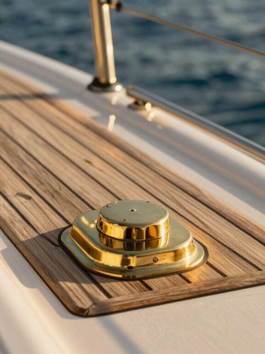 Close-up of a sun-drenched teak deck on a luxury catamaran, warm golden-hour light reflecting off polished brass fittings.