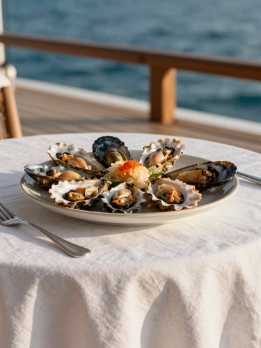 Close-up of an intimate dining setup on a sun-drenched teak aft deck, fresh local seafood and white linen under soft coastal light.