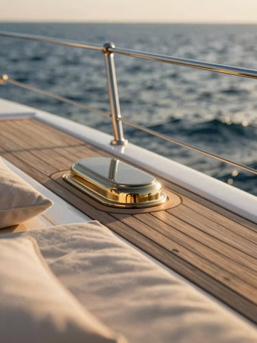 Close-up of a modern catamaran's sun-drenched teak deck, warm golden-hour coastal light reflecting on polished brass, soft linen cushions in the foreground, shallow depth of field.