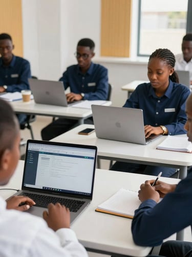 Over-the-shoulder shot of a modern smart classroom in Nigeria, students with laptops collaborating, bright daylight, professional atmosphere, 35mm