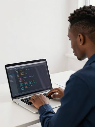 Over-the-shoulder shot of a young African professional actively coding on a laptop, bright natural daylight, corporate navy accents, 35mm