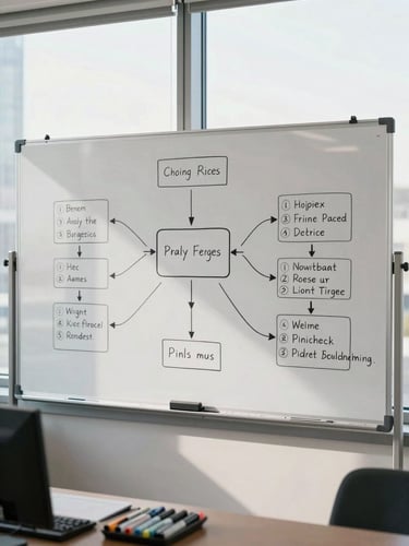 Wide shot of a whiteboard covered in structured process diagrams and numbered action items, photographed straight-on under bright daylight from a tall office window, markers resting on the tray below