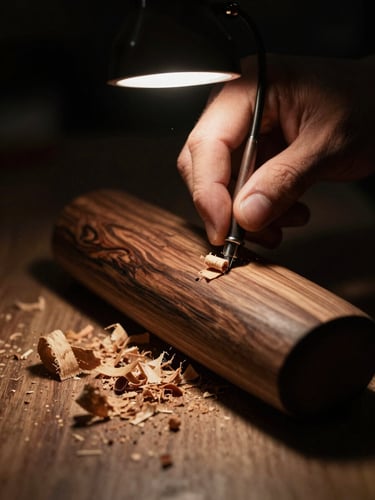Extreme close-up of hands carving dark walnut wood under a single warm spotlight, wood shavings catching the light
