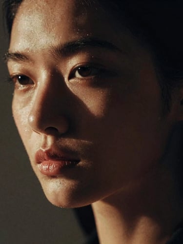 Extreme close-up portrait of a high-fashion model, dramatic side-lighting, deep shadows, warm muted tones, 35mm film grain