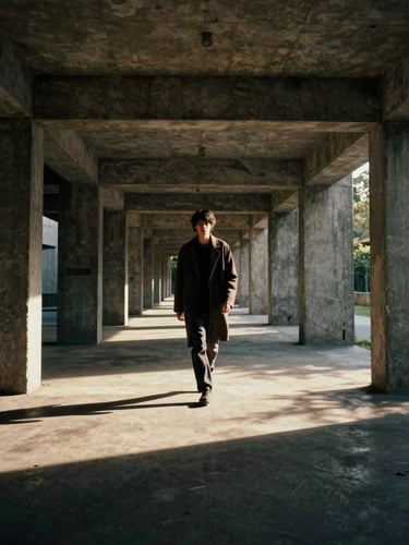 Cinematic wide shot of a model walking through a brutalist concrete pavilion, dramatic side-lighting, deep shadows, 35mm grain