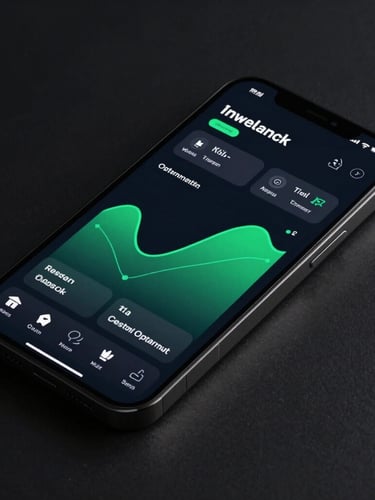 Macro close-up of a high-fidelity 3D smartphone mockup showing a dark-mode system optimization utility interface with neon-green graphs, dramatic screen glow casting light on physical device edges, obsidian background.