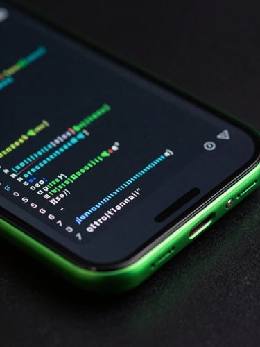 Macro close-up of a modern Android device screen in a dark ambient environment, electric green glow casting light on physical device edges, displaying high-fidelity code metrics and UI components.