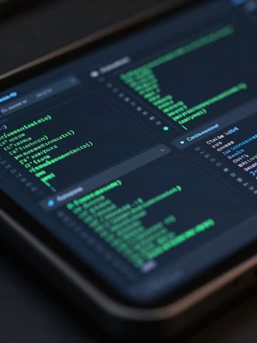 Macro close-up of a high-fidelity 3D device mockup showing a dark Android system-level dashboard with electric green performance graphs and clean code structures, dark ambient atmosphere.