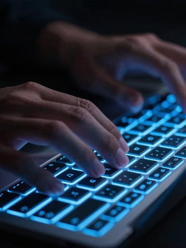 Close-up of hands interacting with a sleek, glowing electric blue keyboard on a dark desk, low-key studio lighting, macro lens, no text.