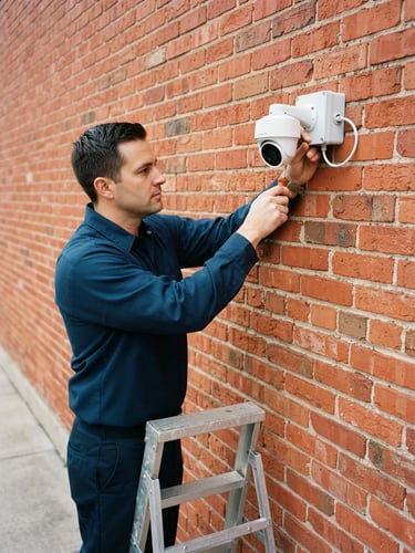 Professional technician in a clean navy blue uniform installing a modern security camera on a bright brick wall, crisp daylight, 35mm