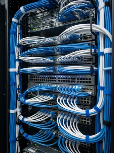 Professional close-up of high-quality server rack cabling, clean blue and white tones, sharp details, bright technical light