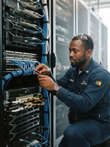 A professional Cameroonian technician in a clean navy blue uniform, focused on wiring a modern network server cabinet, bright natural daylight, crisp details, 35mm